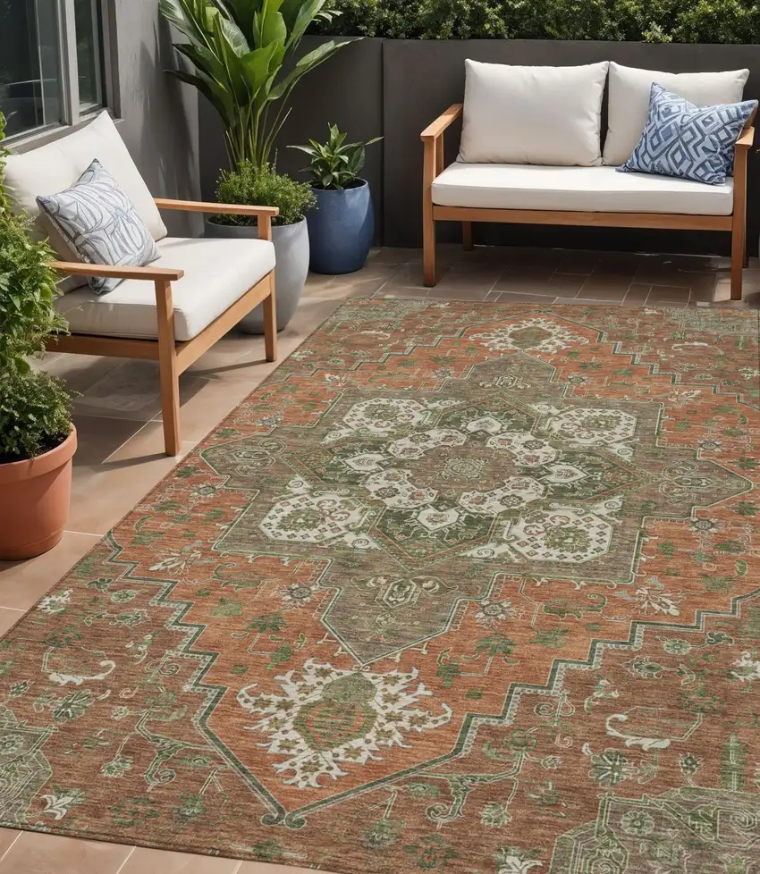 Rust Green And Brown Oriental Washable Indoor Outdoor Area Rug Photo 1