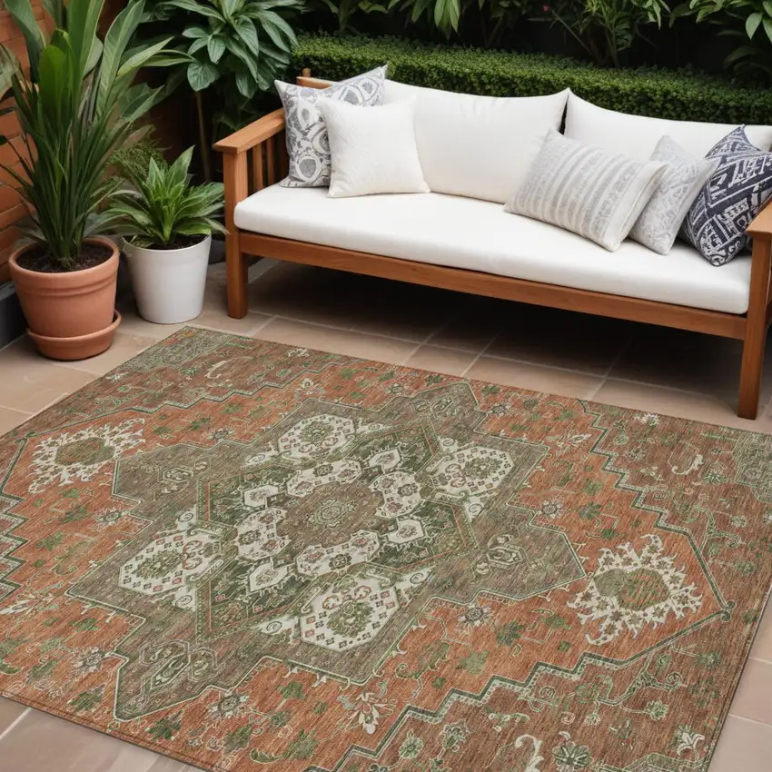 Rust Green And Brown Oriental Washable Indoor Outdoor Area Rug Photo 1