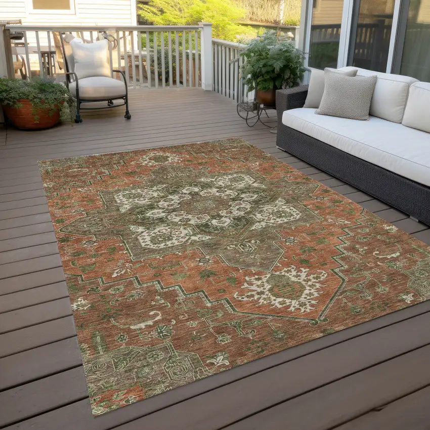 Rust Green And Brown Oriental Washable Indoor Outdoor Area Rug Photo 9
