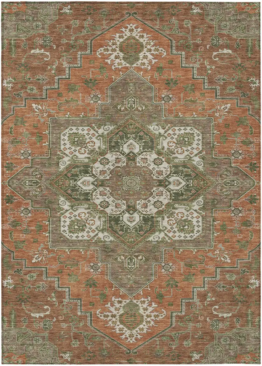 Rust Green And Brown Oriental Washable Indoor Outdoor Area Rug Photo 2