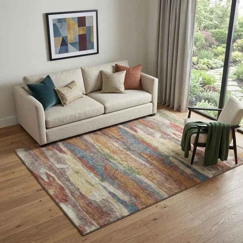 Rust Green And Gold Abstract Washable Area Rug With UV Protection Photo 1