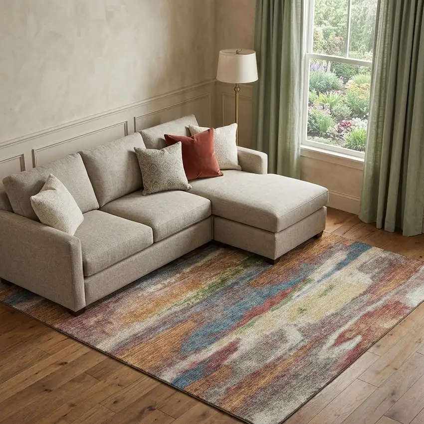 Rust Green And Gold Abstract Washable Area Rug With UV Protection Photo 1