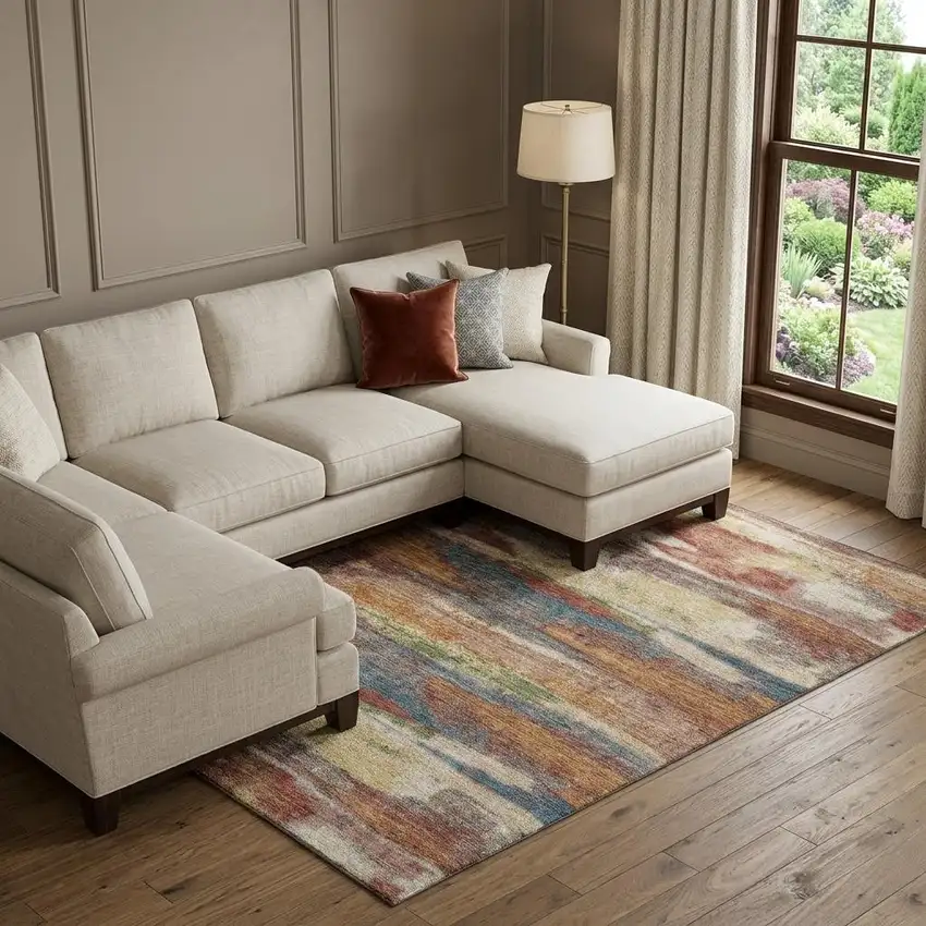 Rust Green And Gold Abstract Washable Area Rug With UV Protection Photo 1