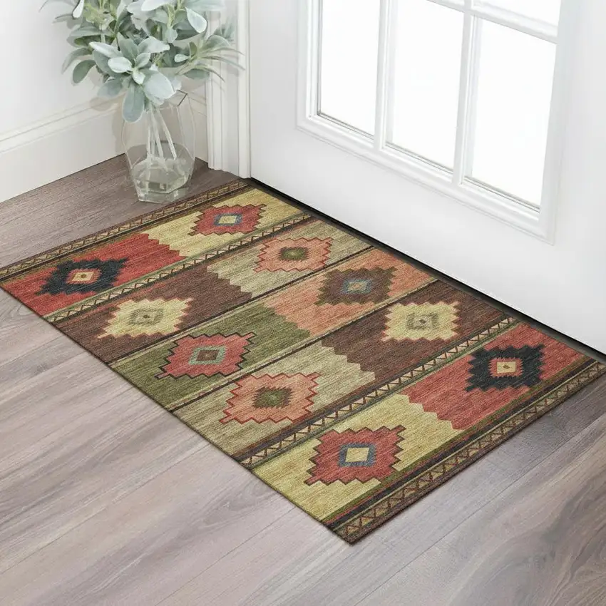 Rust Green And Gold Geometric Washable Area Rug With UV Protection Photo 1