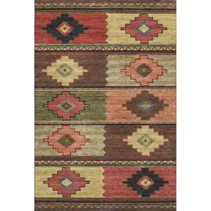 Photo of Rust Green And Gold Geometric Washable Area Rug With UV Protection