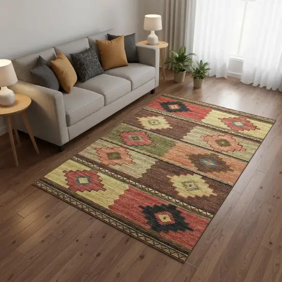Rust Green And Gold Geometric Washable Area Rug With UV Protection Photo 1