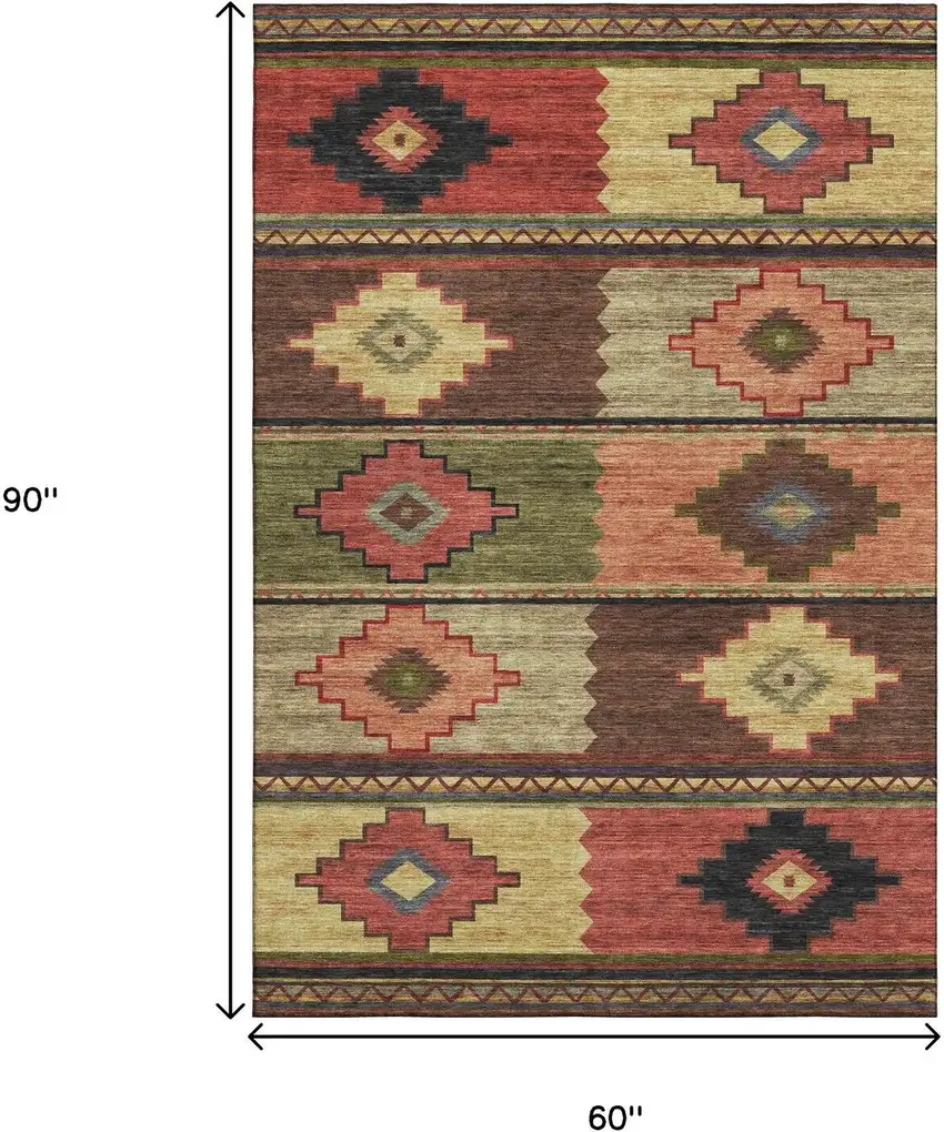 Rust Green And Gold Geometric Washable Area Rug With UV Protection Photo 3