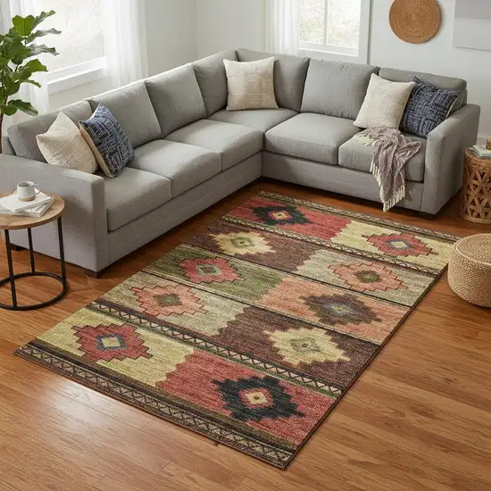 Rust Green And Gold Geometric Washable Area Rug With UV Protection Photo 1