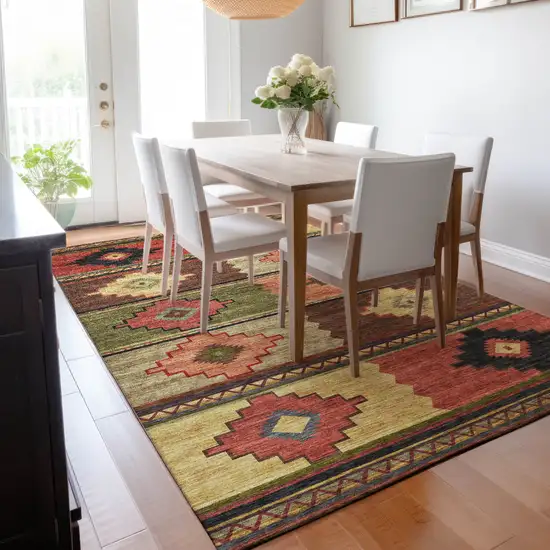 Rust Green And Gold Geometric Washable Area Rug With UV Protection Photo 6