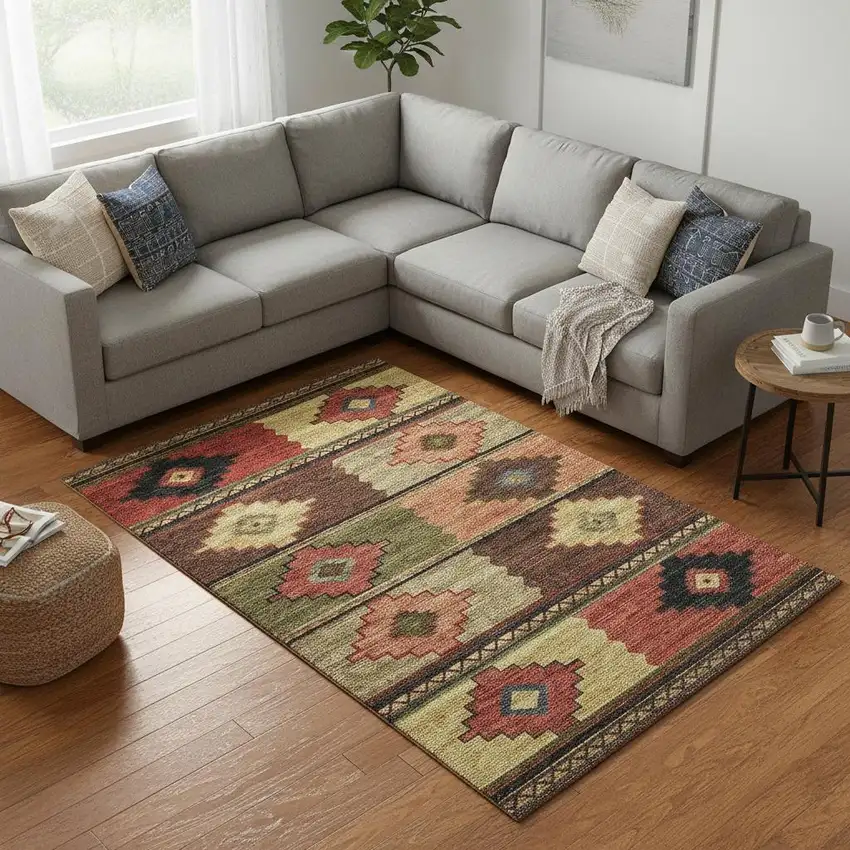 Rust Green And Gold Geometric Washable Area Rug With UV Protection Photo 1