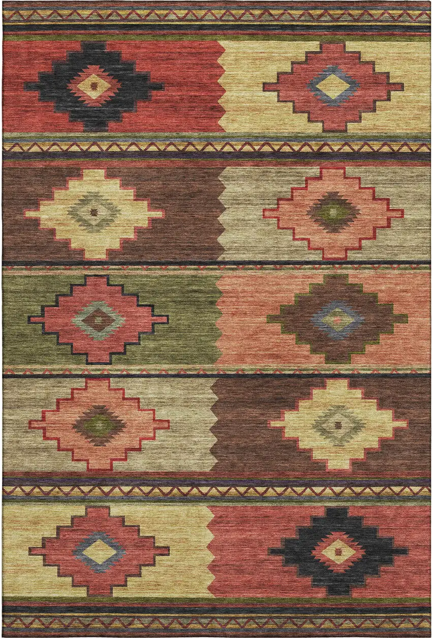 Rust Green And Gold Geometric Washable Area Rug With UV Protection Photo 1