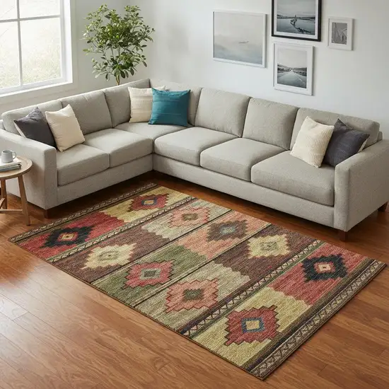 Rust Green And Gold Geometric Washable Area Rug With UV Protection Photo 1