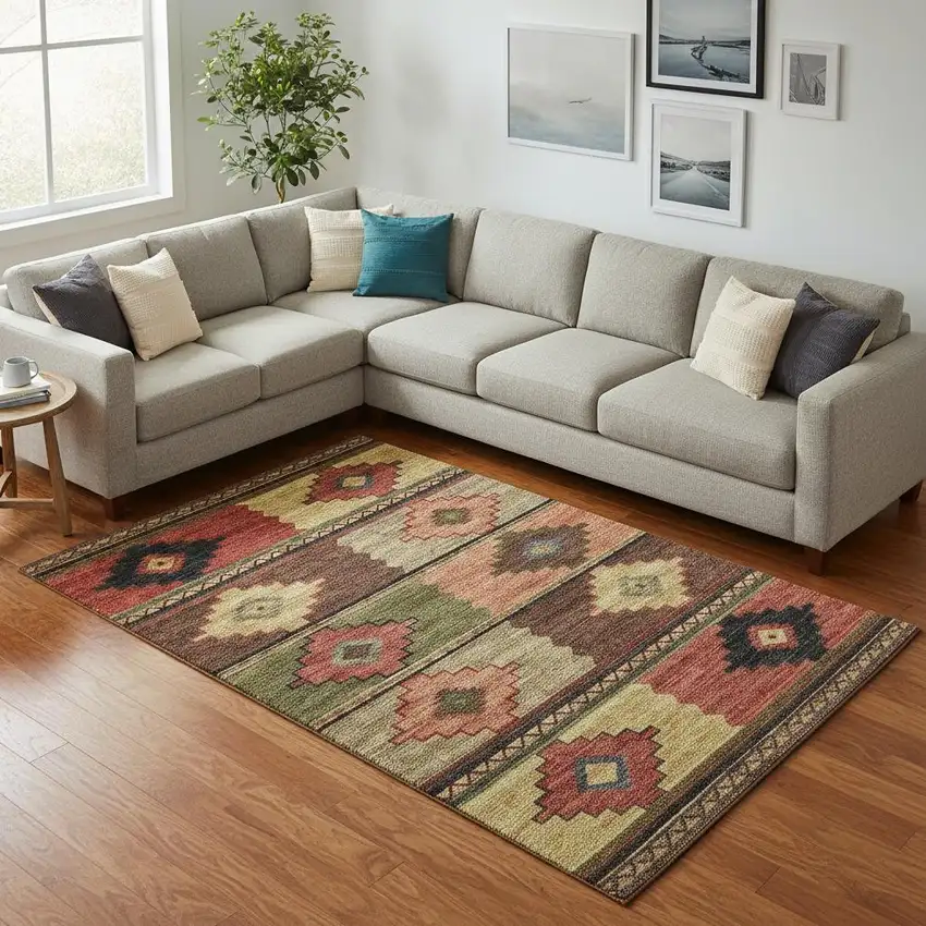 Rust Green And Gold Geometric Washable Area Rug With UV Protection Photo 1