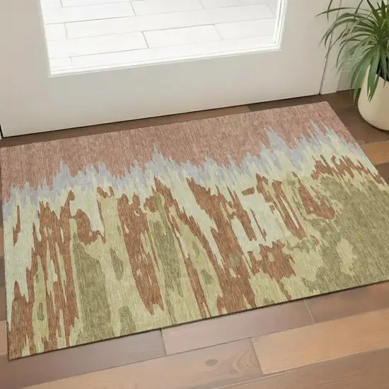 Rust Green And Gray Abstract Washable Area Rug With UV Protection Photo 1