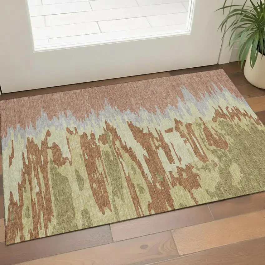 Rust Green And Gray Abstract Washable Area Rug With UV Protection Photo 1