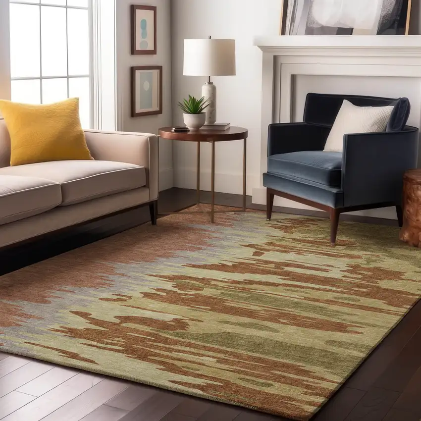 Rust Green And Gray Abstract Washable Area Rug With UV Protection Photo 4
