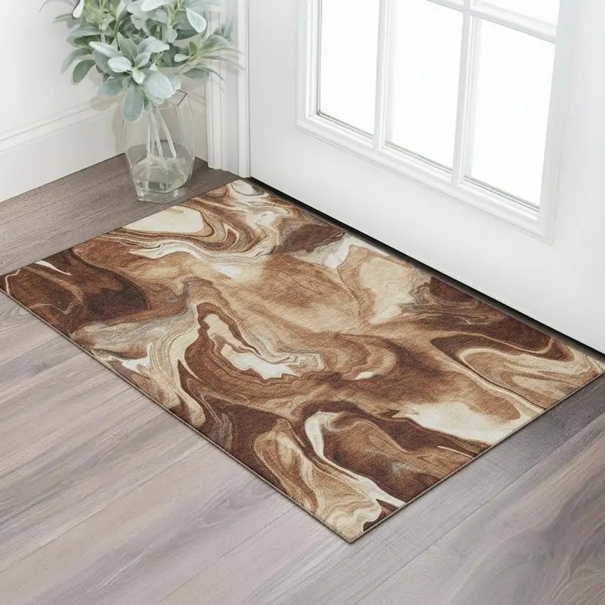 Rust Ivory And Beige Abstract Washable Area Rug With UV Protection Photo 1