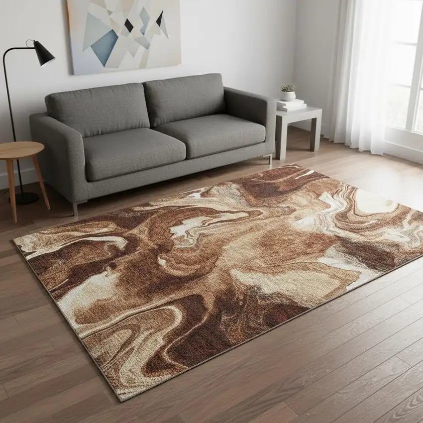 Rust Ivory And Beige Abstract Washable Area Rug With UV Protection Photo 2