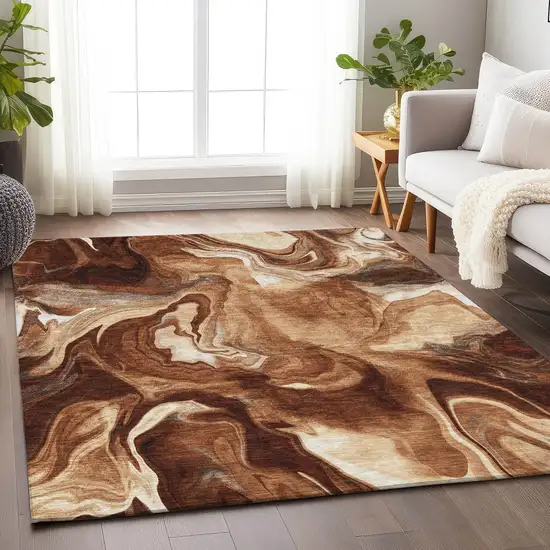 Rust Ivory And Beige Abstract Washable Area Rug With UV Protection Photo 5