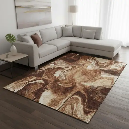 Rust Ivory And Beige Abstract Washable Area Rug With UV Protection Photo 2