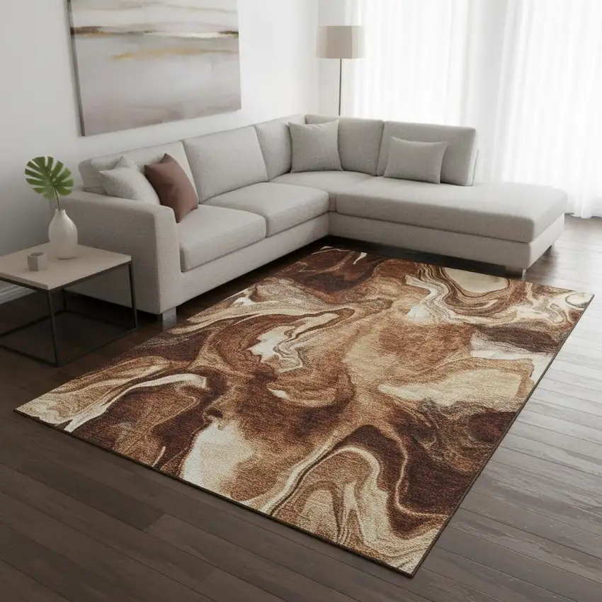 Rust Ivory And Beige Abstract Washable Area Rug With UV Protection Photo 2
