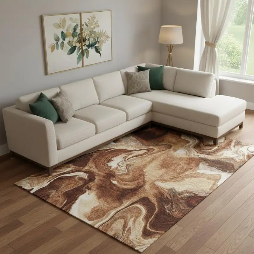 Rust Ivory And Beige Abstract Washable Area Rug With UV Protection Photo 1