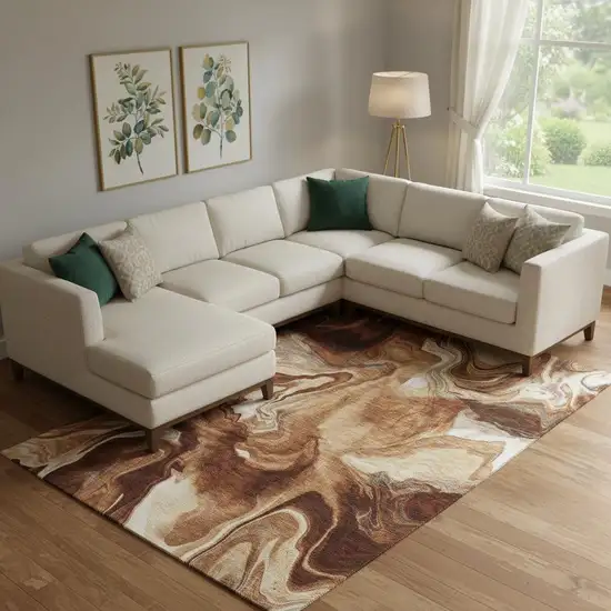 Rust Ivory And Beige Abstract Washable Area Rug With UV Protection Photo 1