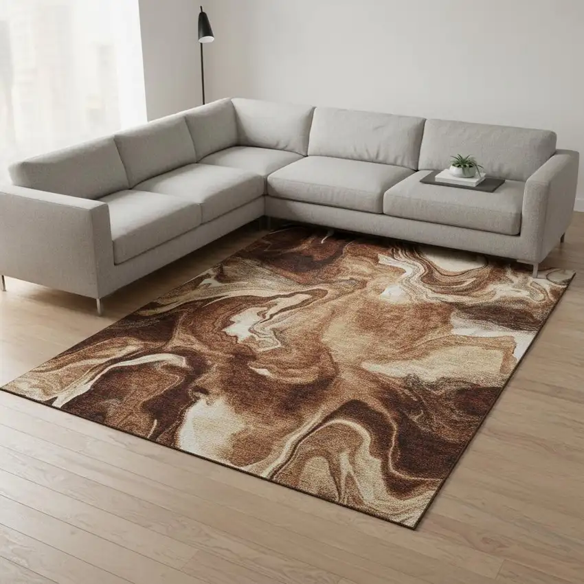 Rust Ivory And Beige Abstract Washable Area Rug With UV Protection Photo 2