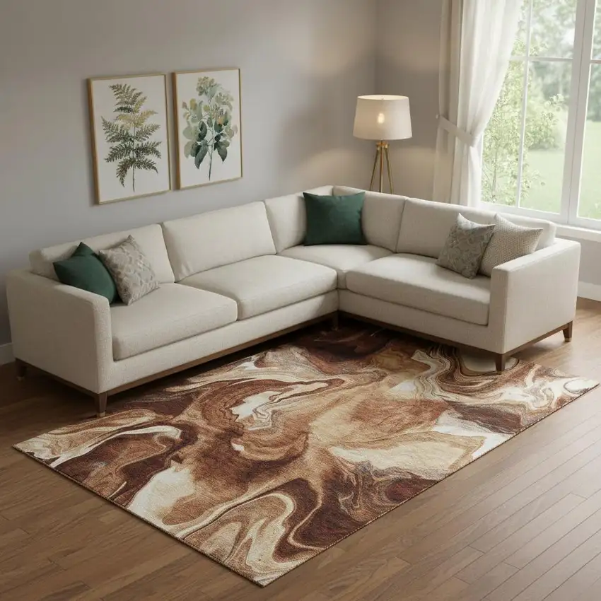 Rust Ivory And Beige Abstract Washable Area Rug With UV Protection Photo 1