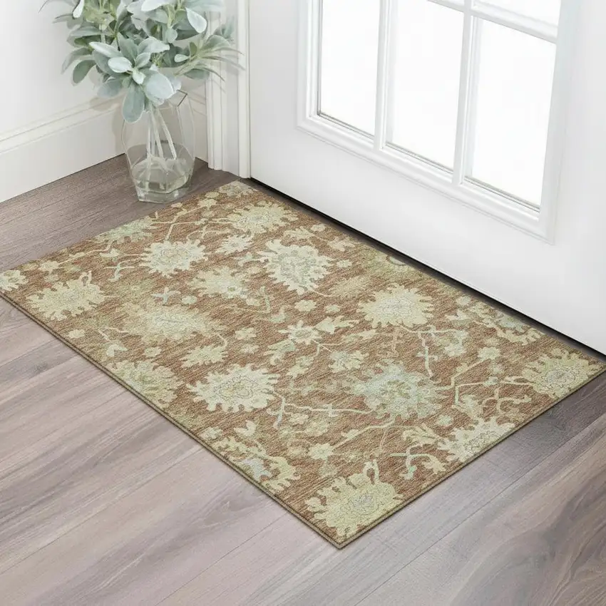 Rust Ivory And Beige Floral Medallion Washable Area Rug With UV Protection Photo 2