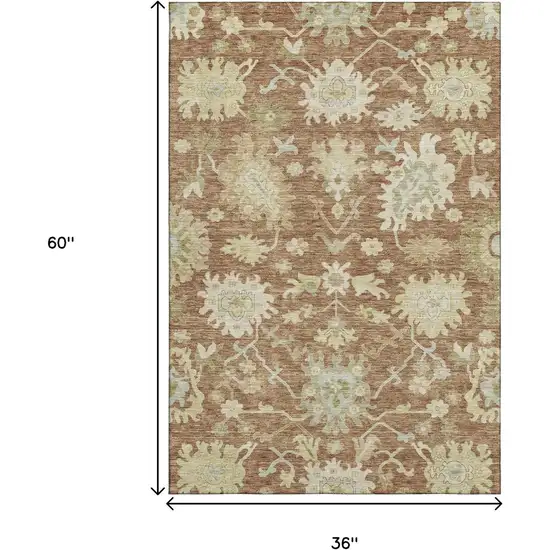Rust Ivory And Beige Floral Medallion Washable Area Rug With UV Protection Photo 3