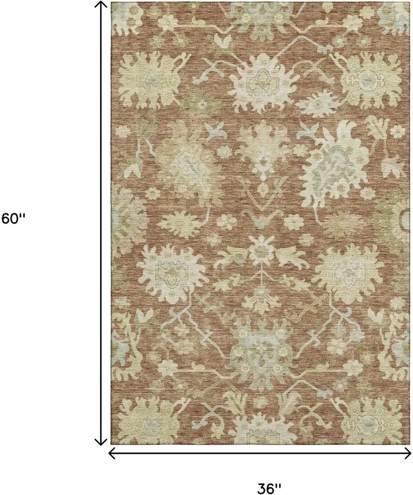 Rust Ivory And Beige Floral Medallion Washable Area Rug With UV Protection Photo 3