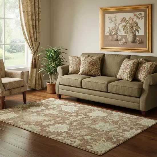 Rust Ivory And Beige Floral Medallion Washable Area Rug With UV Protection Photo 2