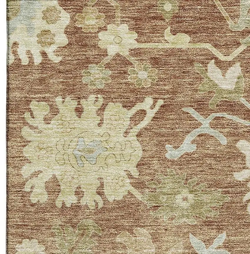 Rust Ivory And Beige Floral Medallion Washable Area Rug With UV Protection Photo 4