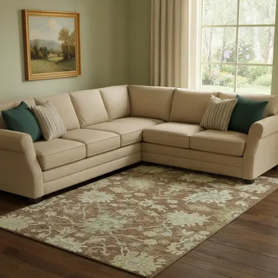 Rust Ivory And Beige Floral Medallion Washable Area Rug With UV Protection Photo 2