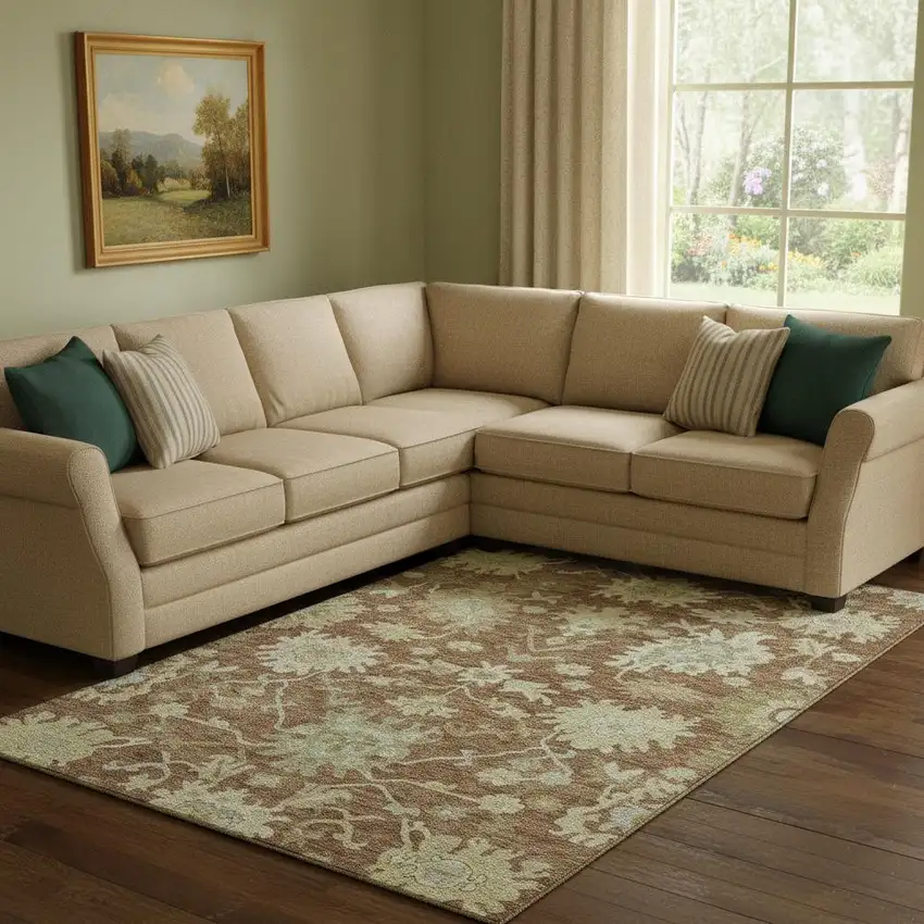 Rust Ivory And Beige Floral Medallion Washable Area Rug With UV Protection Photo 2