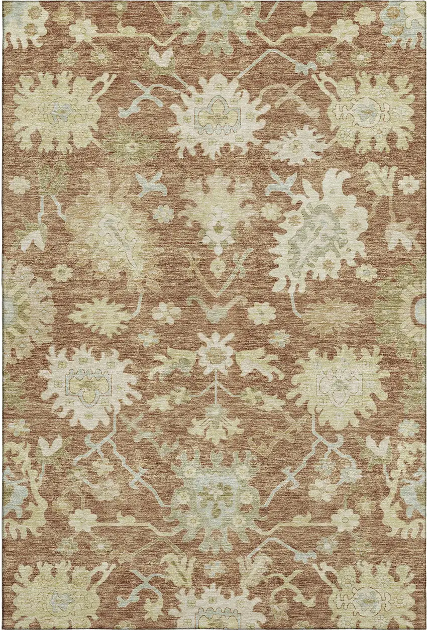 Rust Ivory And Beige Floral Medallion Washable Area Rug With UV Protection Photo 1