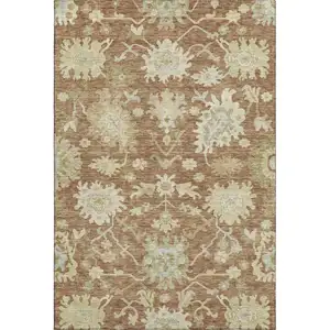 Photo of Rust Ivory And Beige Floral Medallion Washable Area Rug With UV Protection