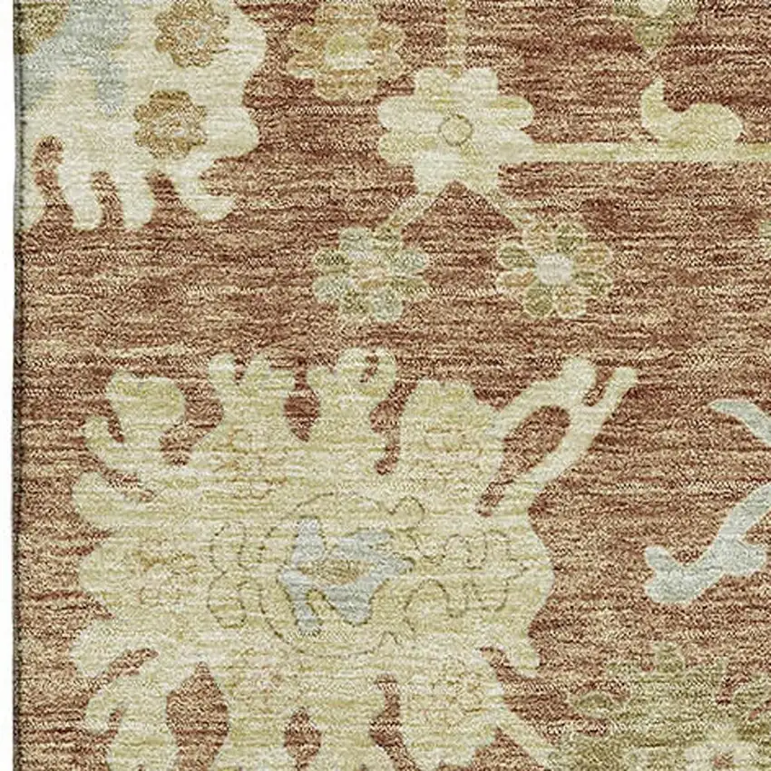 Rust Ivory And Beige Floral Medallion Washable Area Rug With UV Protection Photo 2