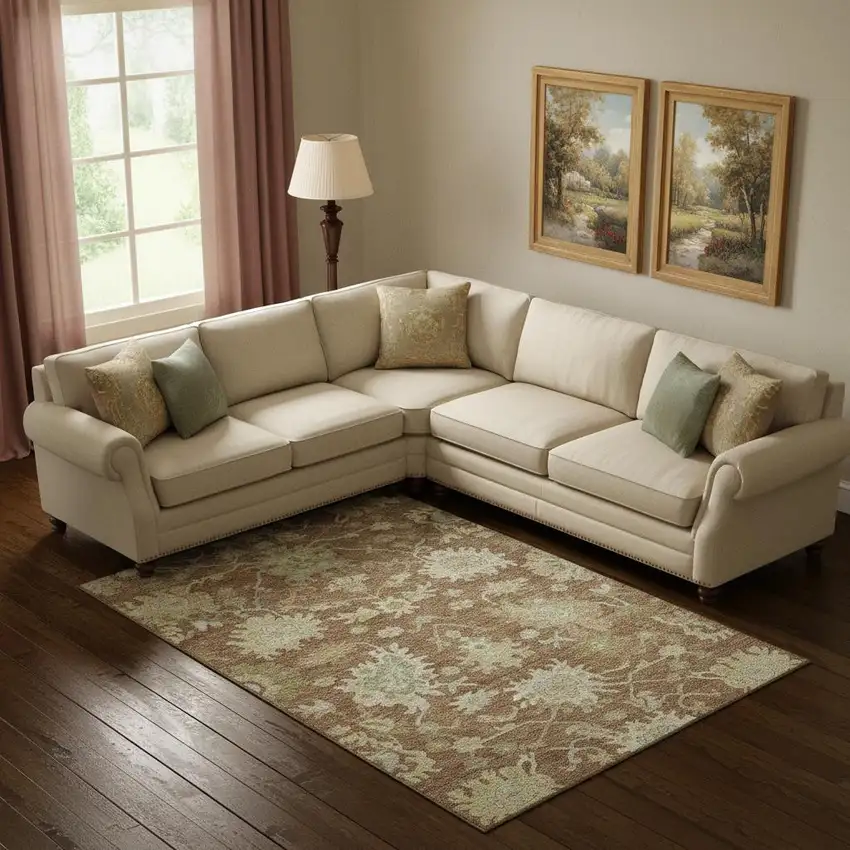 Rust Ivory And Beige Floral Medallion Washable Area Rug With UV Protection Photo 2