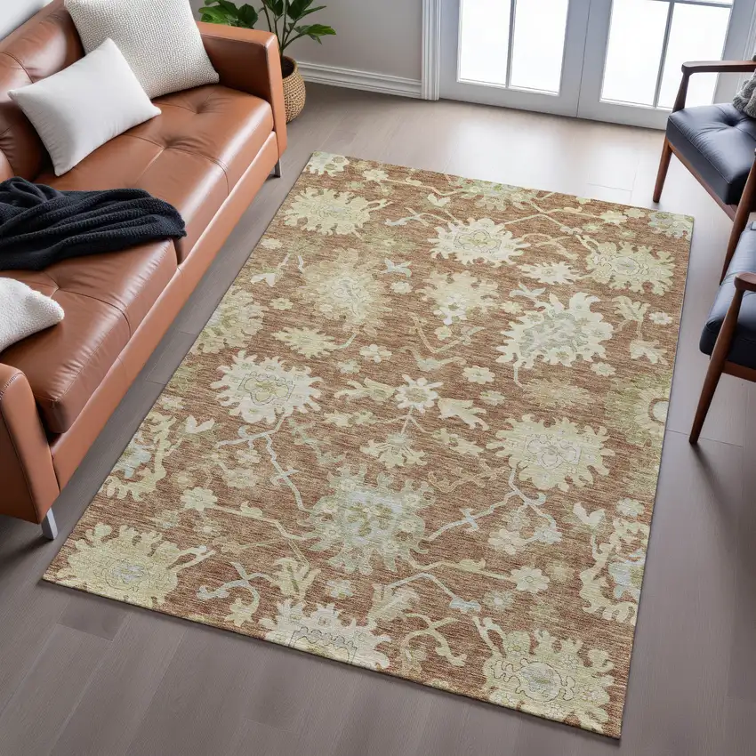 Rust Ivory And Beige Floral Medallion Washable Area Rug With UV Protection Photo 5