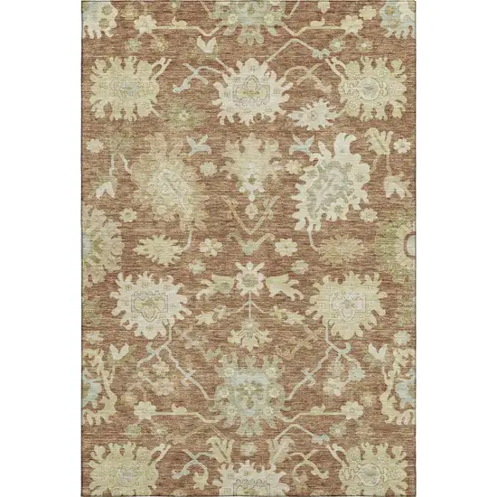 Rust Ivory And Beige Floral Medallion Washable Area Rug With UV Protection Photo 1