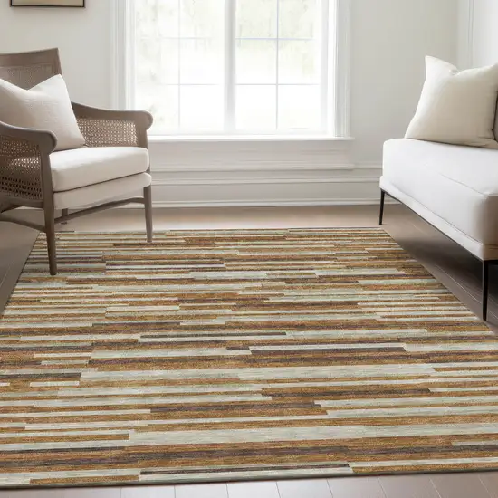 Rust Ivory And Beige Striped Washable Area Rug With UV Protection Photo 6