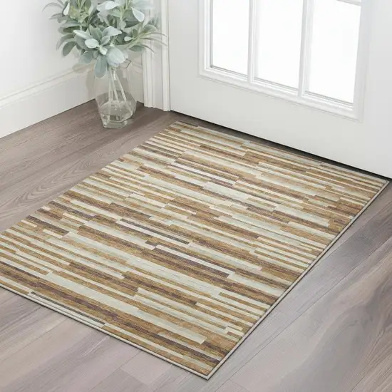 Rust Ivory And Beige Striped Washable Area Rug With UV Protection Photo 2