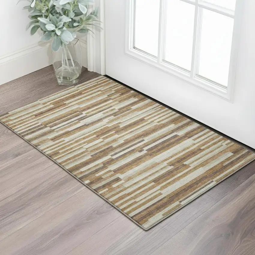 Rust Ivory And Beige Striped Washable Area Rug With UV Protection Photo 1