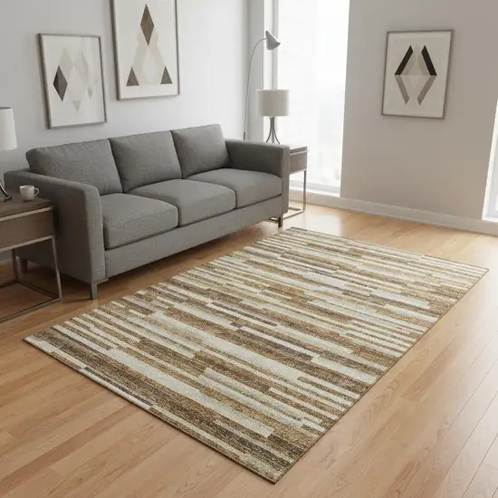 Rust Ivory And Beige Striped Washable Area Rug With UV Protection Photo 2