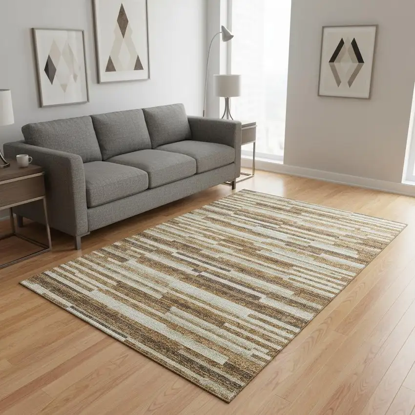 Rust Ivory And Beige Striped Washable Area Rug With UV Protection Photo 2