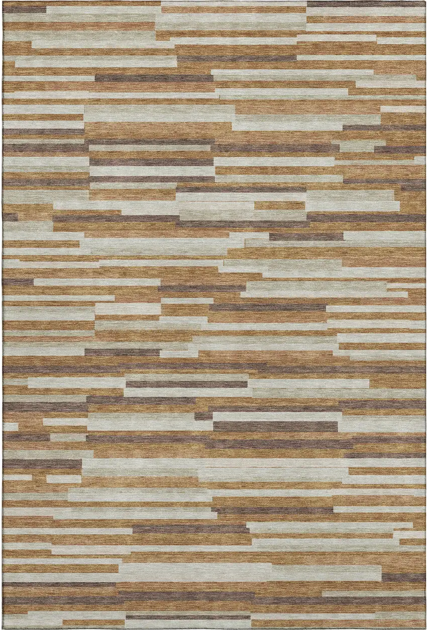 Rust Ivory And Beige Striped Washable Area Rug With UV Protection Photo 1