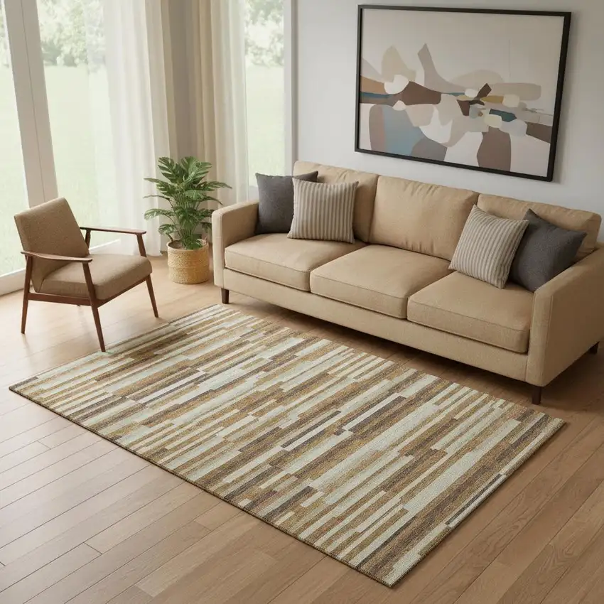 Rust Ivory And Beige Striped Washable Area Rug With UV Protection Photo 1