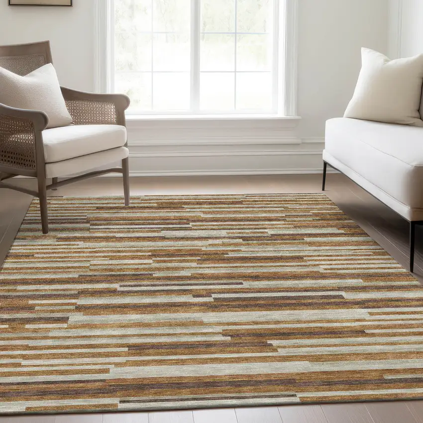 Rust Ivory And Beige Striped Washable Area Rug With UV Protection Photo 6